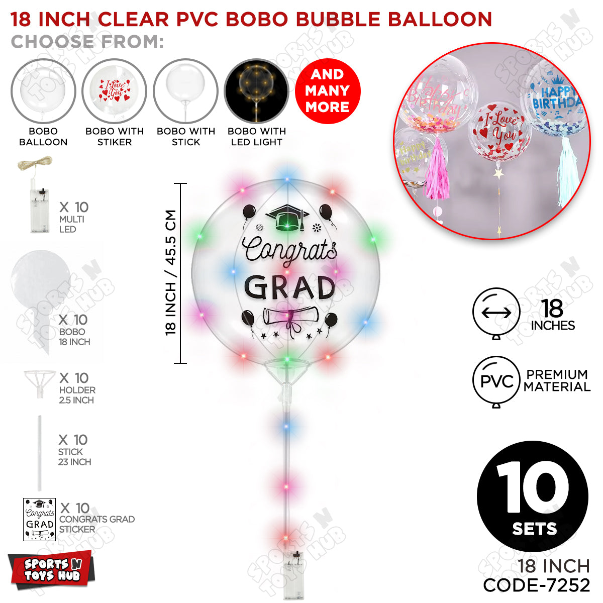 Congrats Grad Black Color Sticker With BOBO Balloon Stick & LED Light