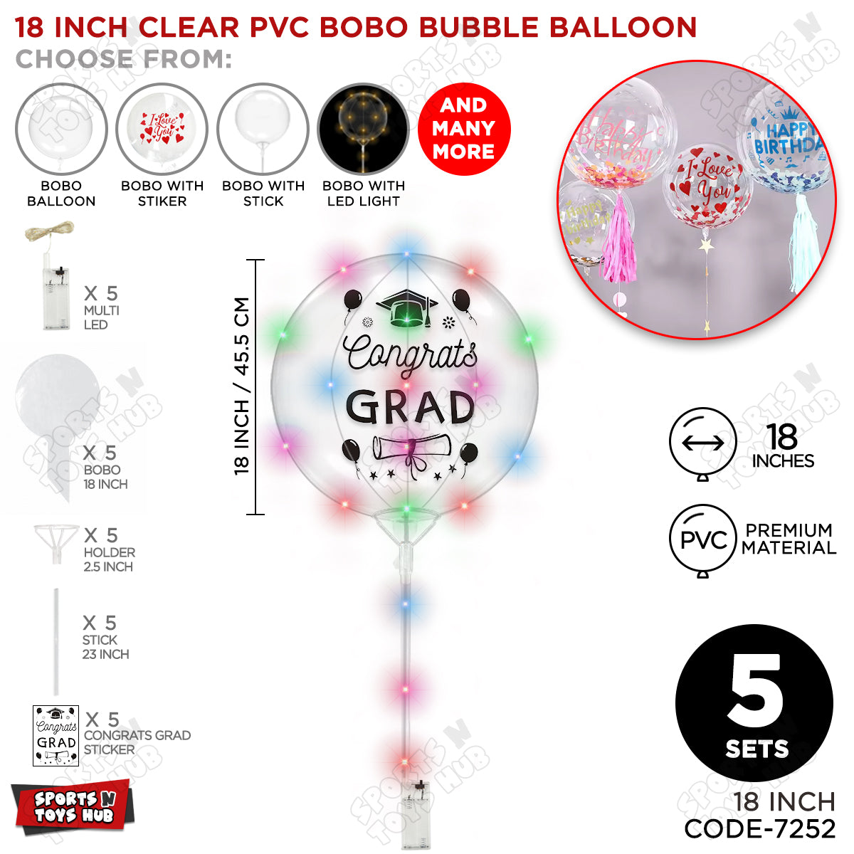 Congrats Grad Black Color Sticker With BOBO Balloon Stick & LED Light