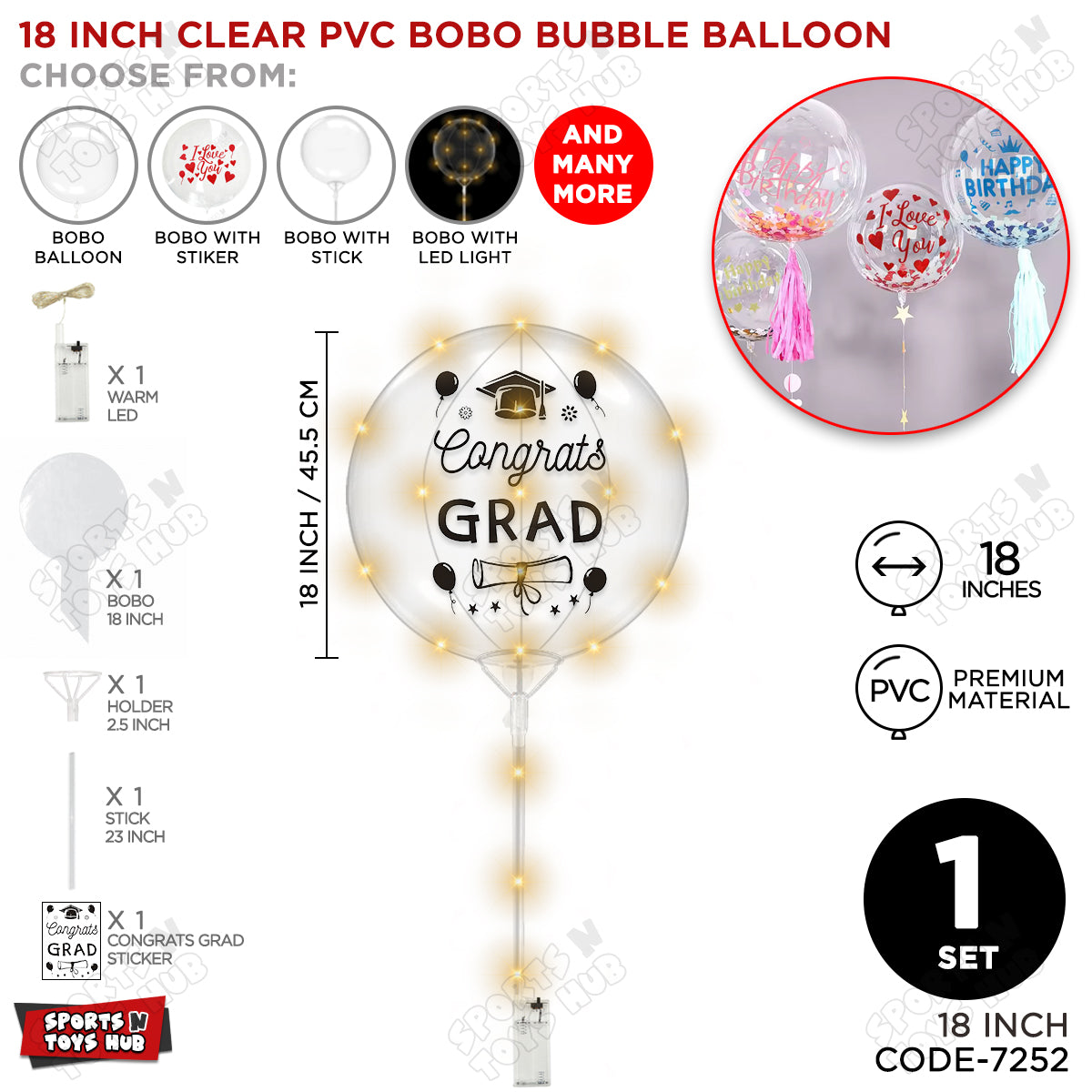Congrats Grad Black Color Sticker With BOBO Balloon Stick & LED Light