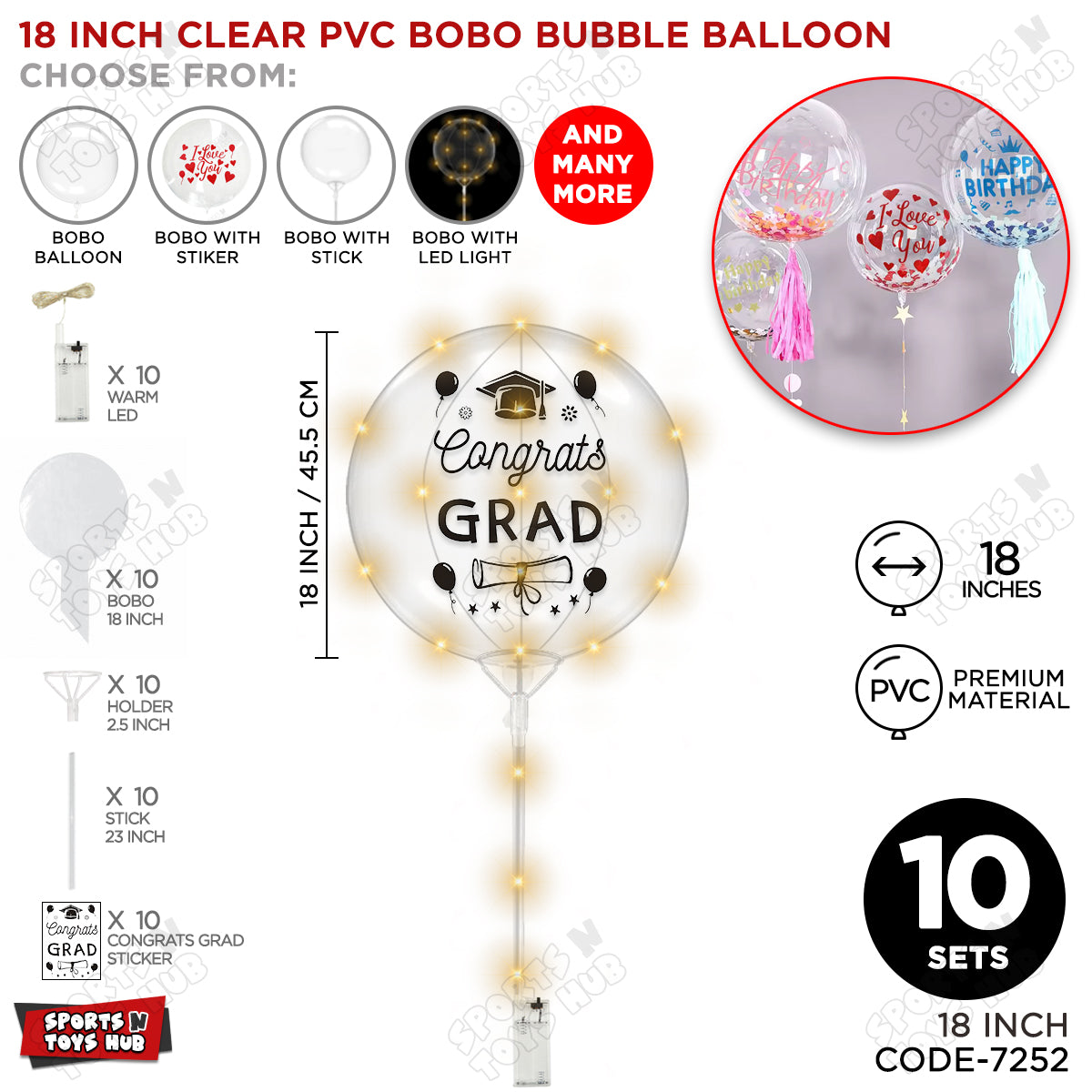 Congrats Grad Black Color Sticker With BOBO Balloon Stick & LED Light