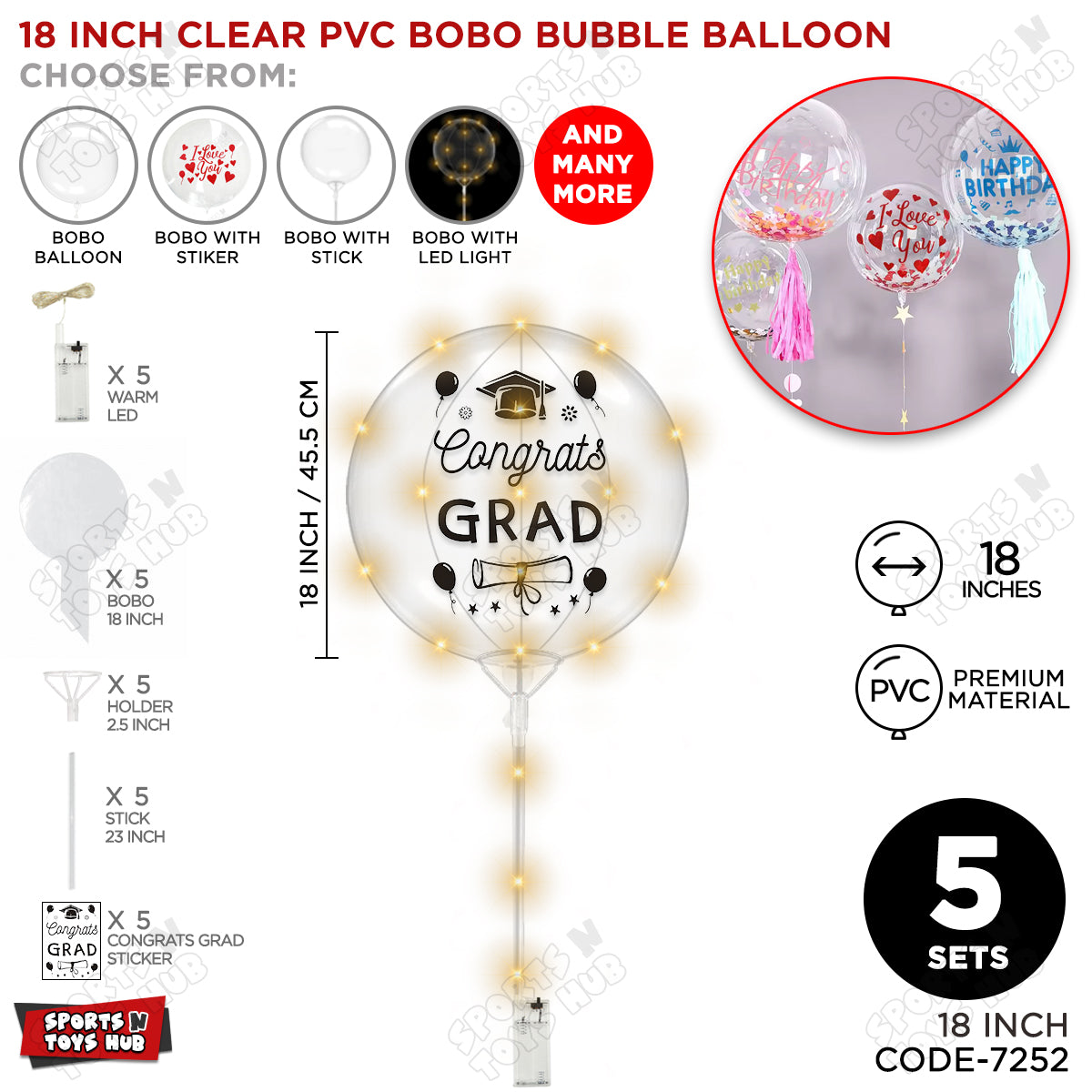 Congrats Grad Black Color Sticker With BOBO Balloon Stick & LED Light