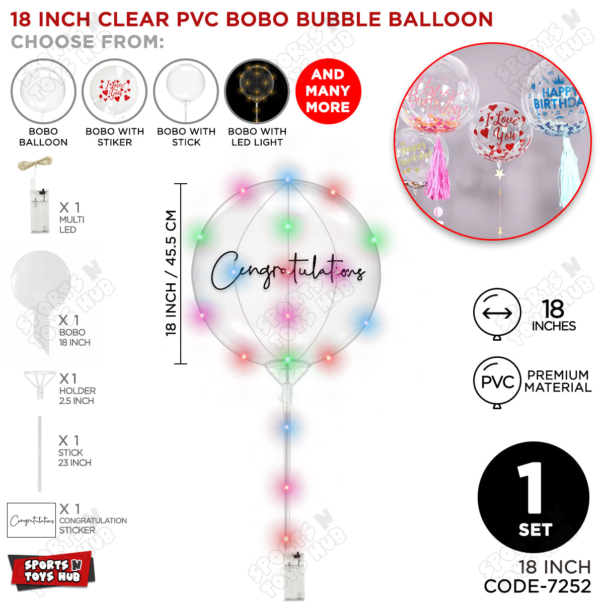 Congratulation Black Color Sticker With BOBO Balloon Stick & LED Light