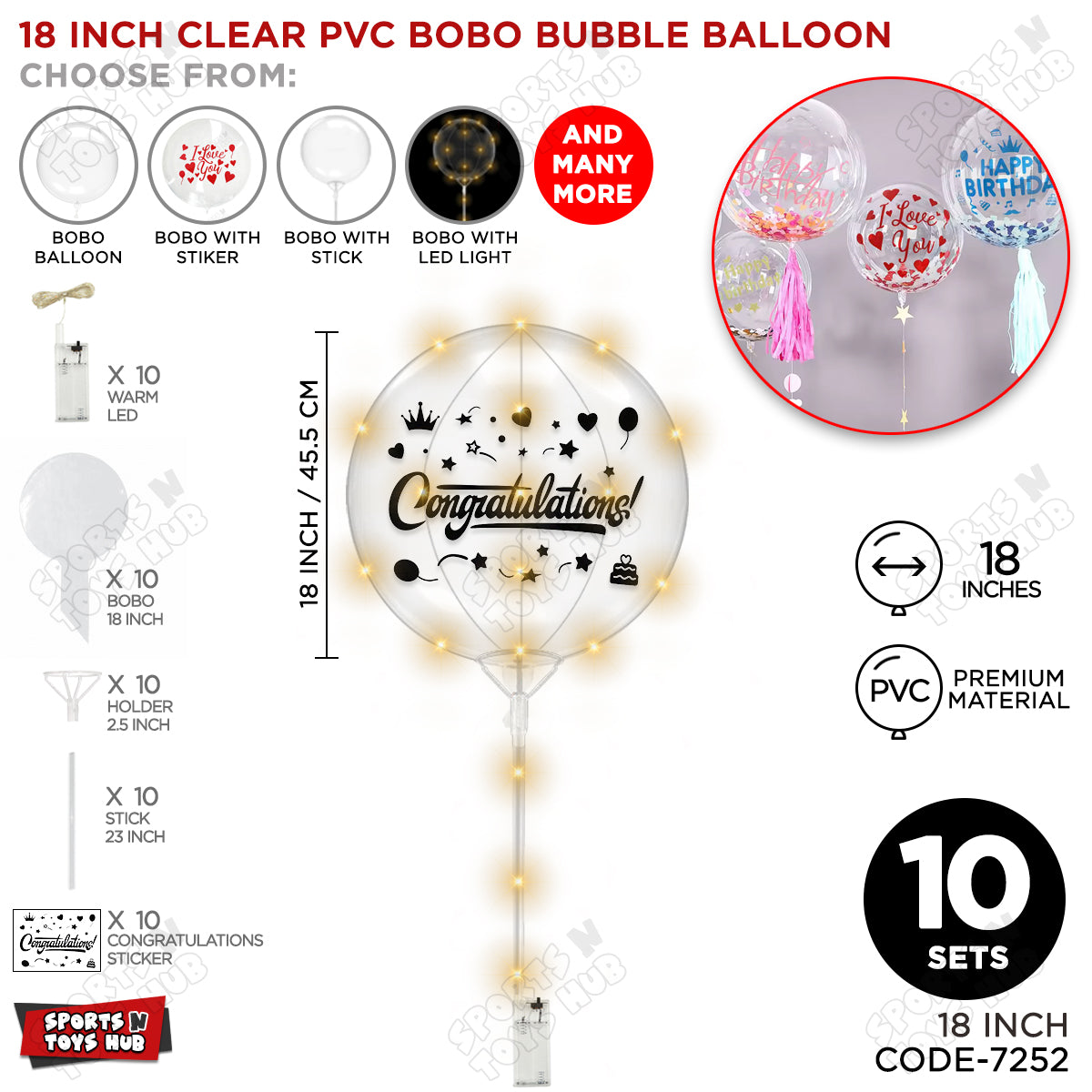 Congratulations Black Color Sticker With BOBO Balloon Stick & LED Light