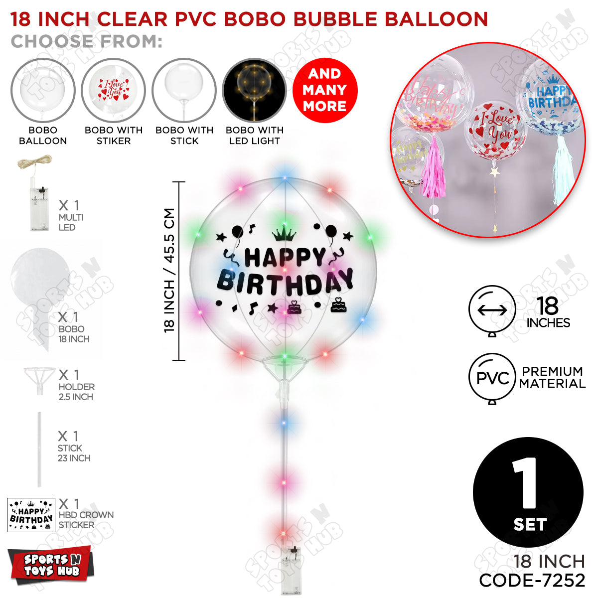 Happy Birthday Black Color Sticker With BOBO Balloon Stick & LED Light