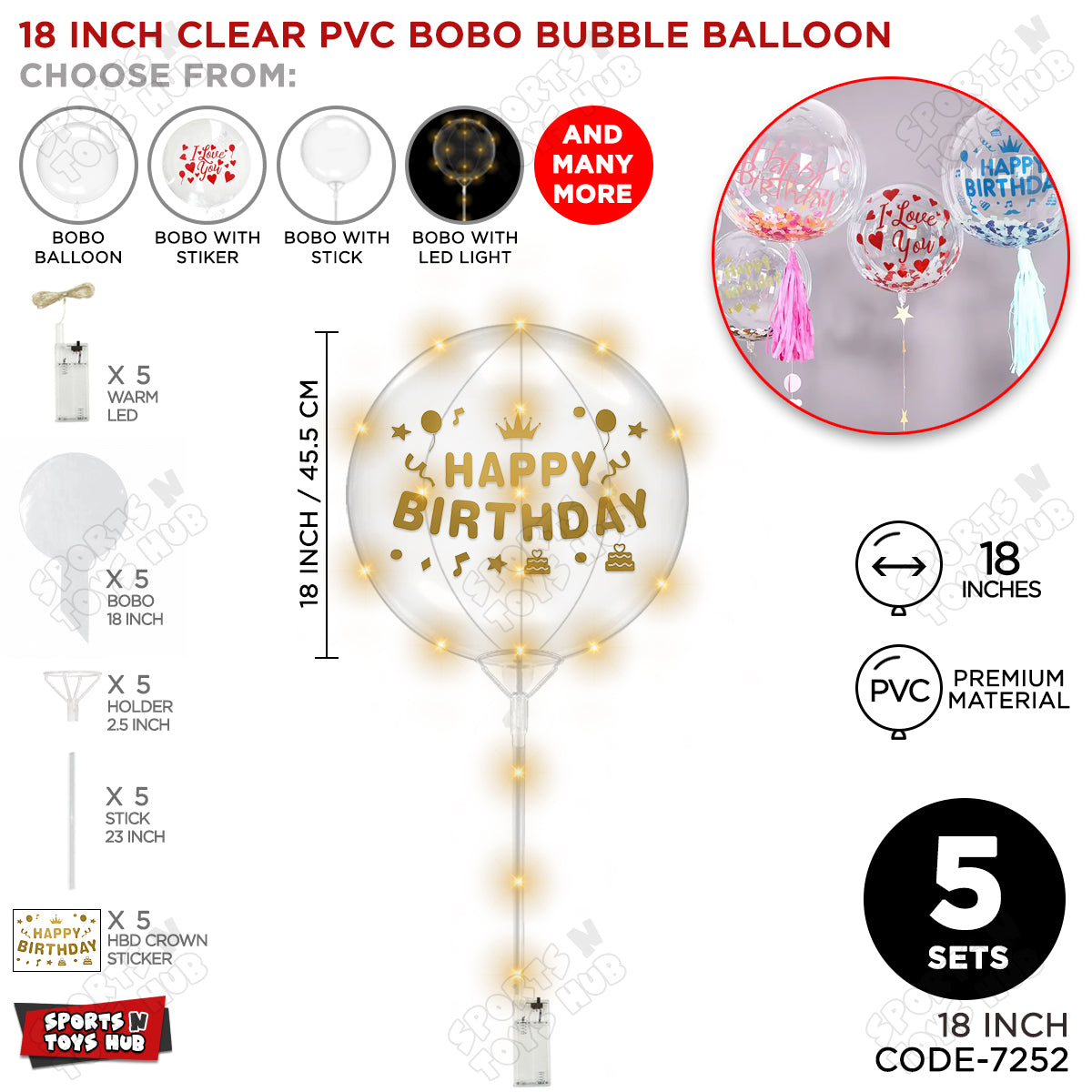 Happy Birthday Dull Gold Color Sticker With BOBO Balloon Stick & LED Light