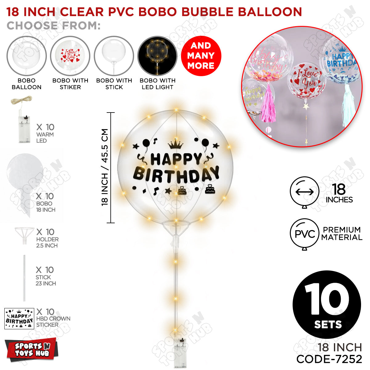 Happy Birthday Black Color Sticker With BOBO Balloon Stick & LED Light