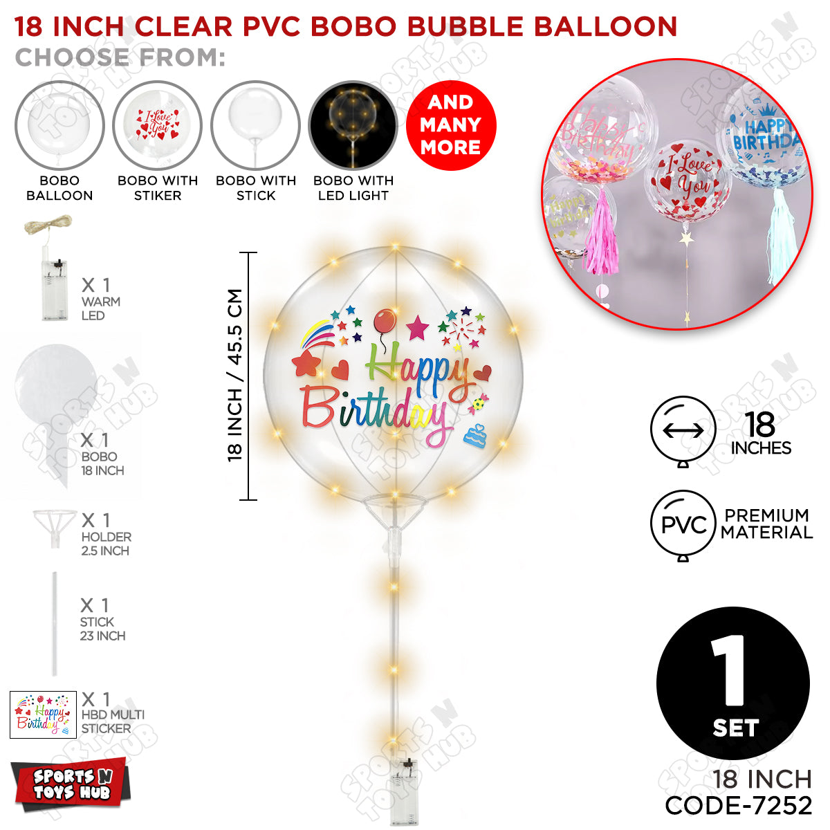 Happy Birthday Multi Color Sticker With BOBO Balloon Stick & LED Light