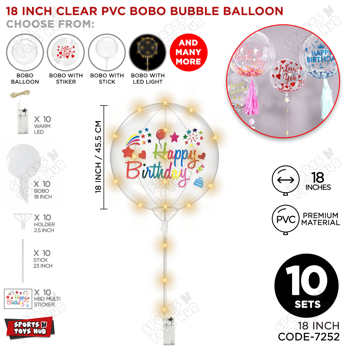Happy Birthday Multi Color Sticker With BOBO Balloon Stick & LED Light