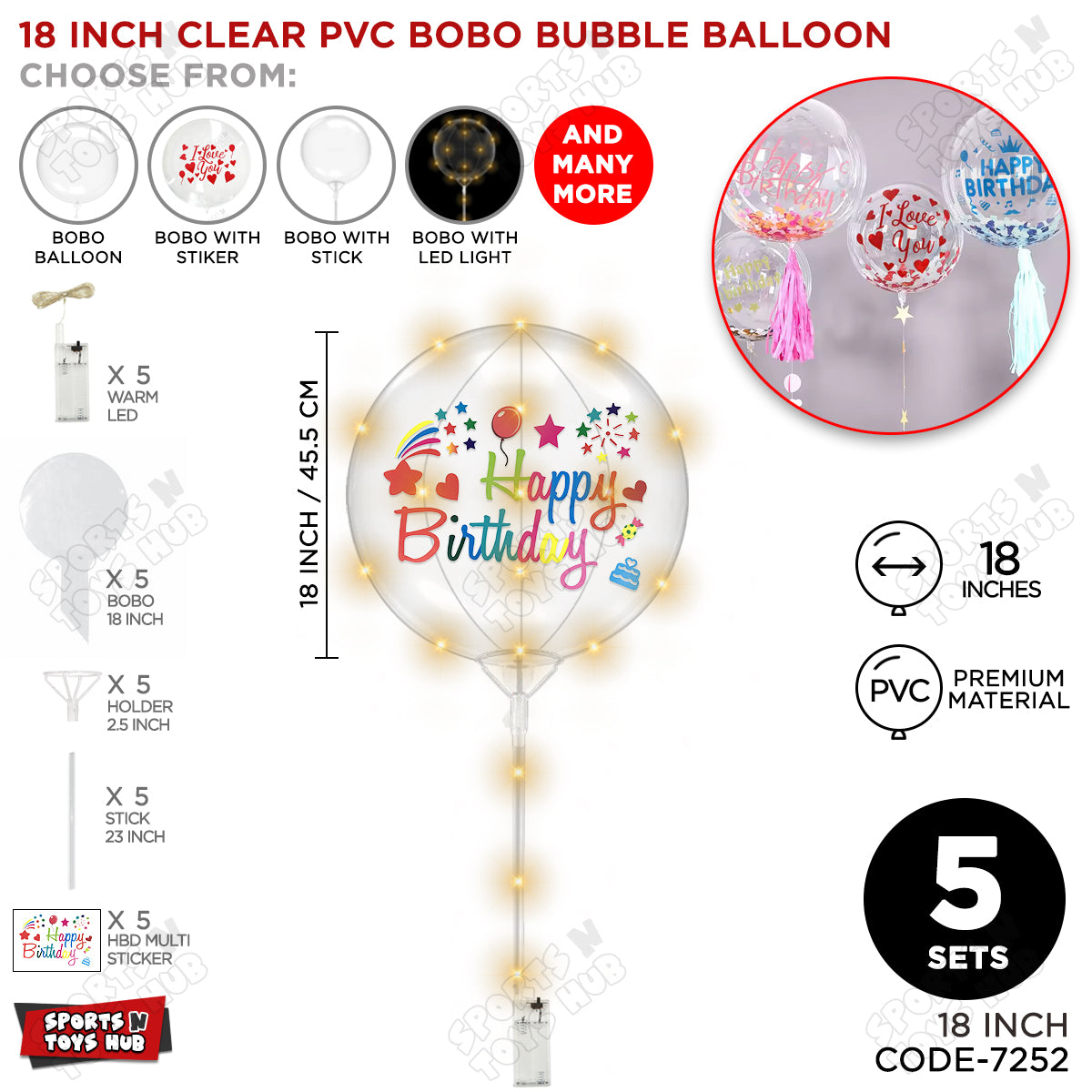 Happy Birthday Multi Color Sticker With BOBO Balloon Stick & LED Light