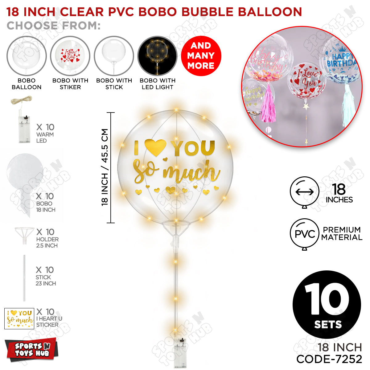 I Love You So Much Gold Color Sticker With BOBO Balloon Stick & LED Light