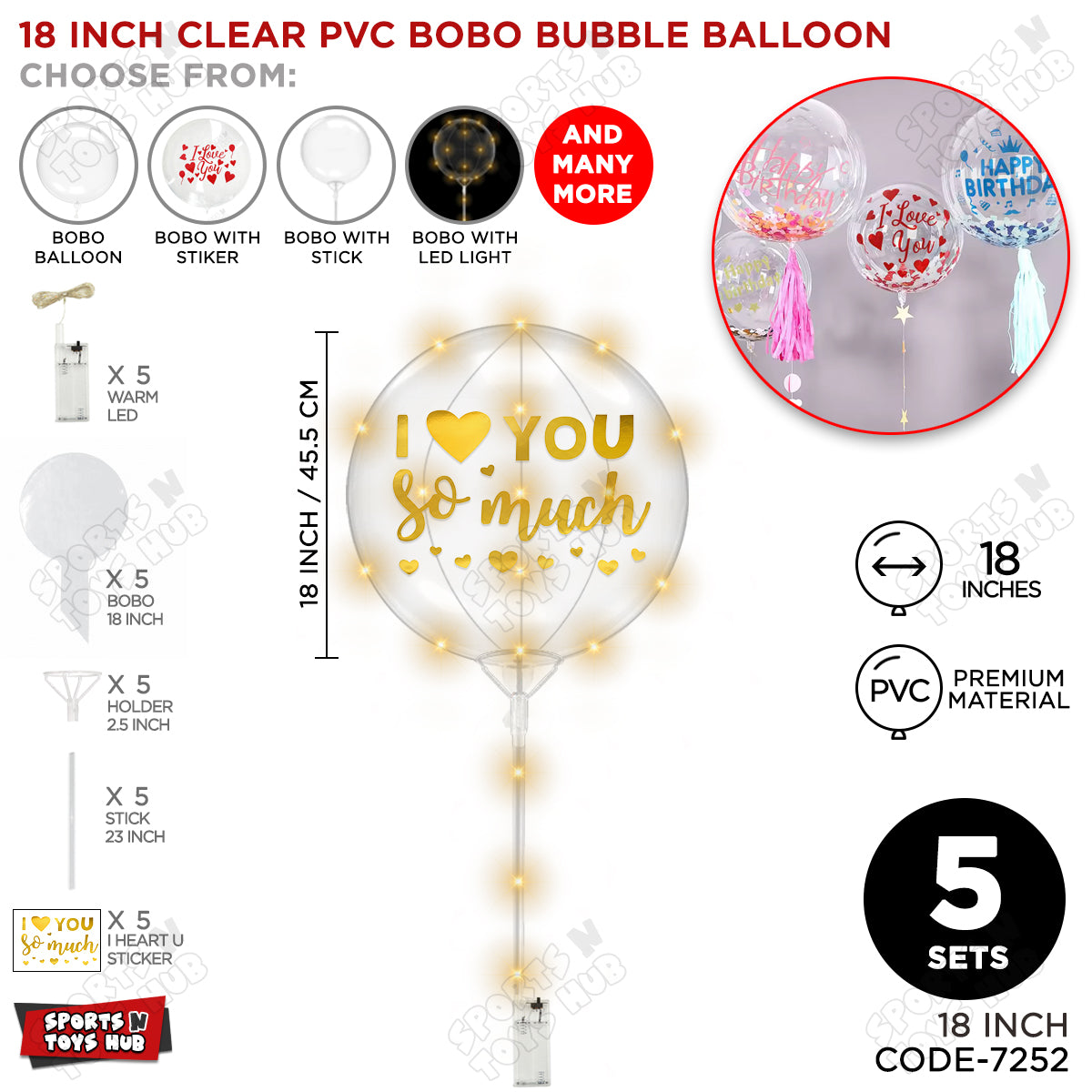 I Love You So Much Gold Color Sticker With BOBO Balloon Stick & LED Light