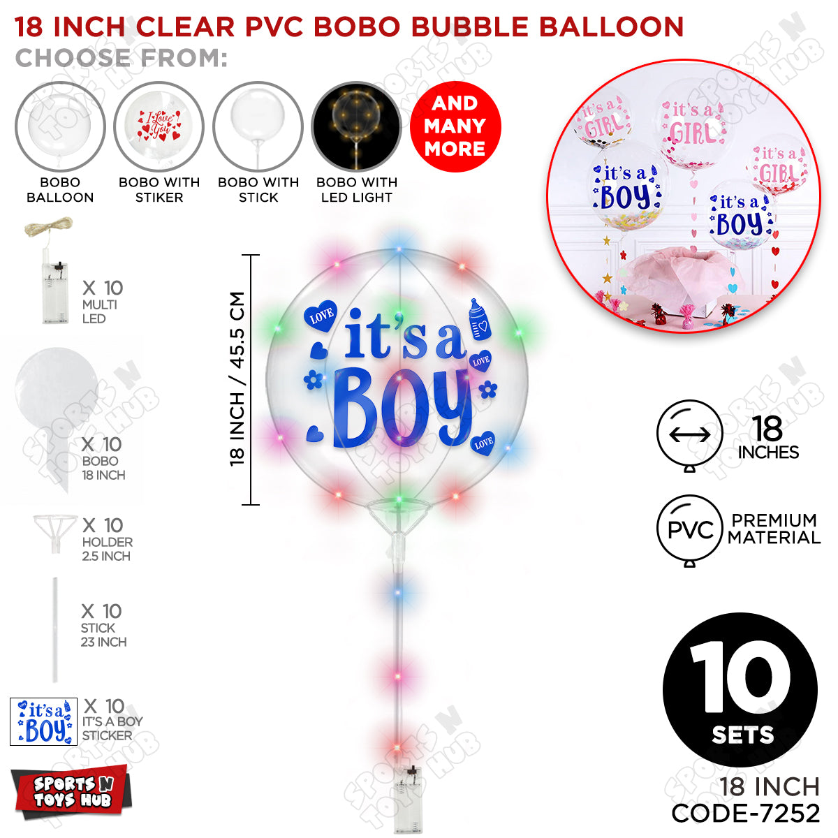 18, 24 & 36 Inch It’s a Boy Blue Bobo Bubble Balloon with Stick & LED Light – Pack of 1, 5 & 10 Baby Boy Announcement Balloon, Gender Reveal, Baby Shower Decoration, Party Decor & Photo Booth