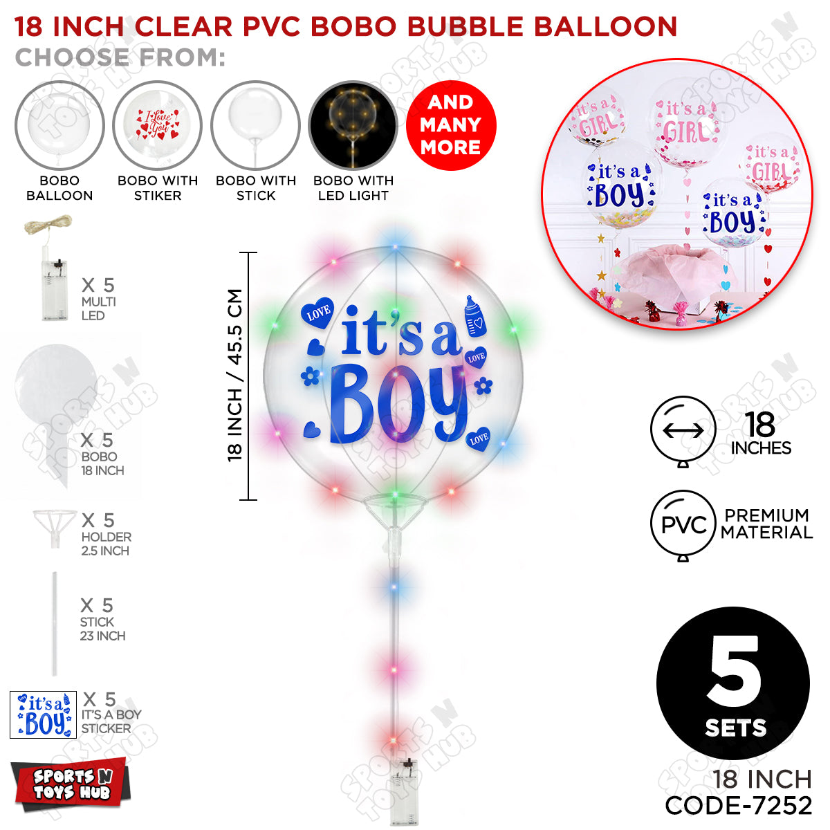18, 24 & 36 Inch It’s a Boy Blue Bobo Bubble Balloon with Stick & LED Light – Pack of 1, 5 & 10 Baby Boy Announcement Balloon, Gender Reveal, Baby Shower Decoration, Party Decor & Photo Booth