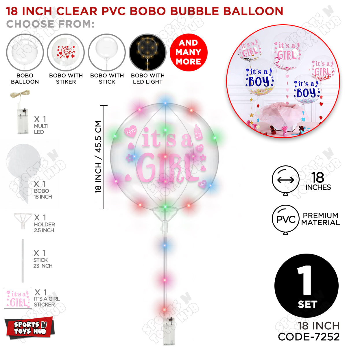 18, 24 & 36 Inch It’s a Girl Pink Bobo Bubble Balloon with Stick & LED Light – Pack of 1, 5 & 10 Baby Girl Announcement Balloon, Gender Reveal, Baby Shower Decoration, Pink Party Decor & Photo Booth
