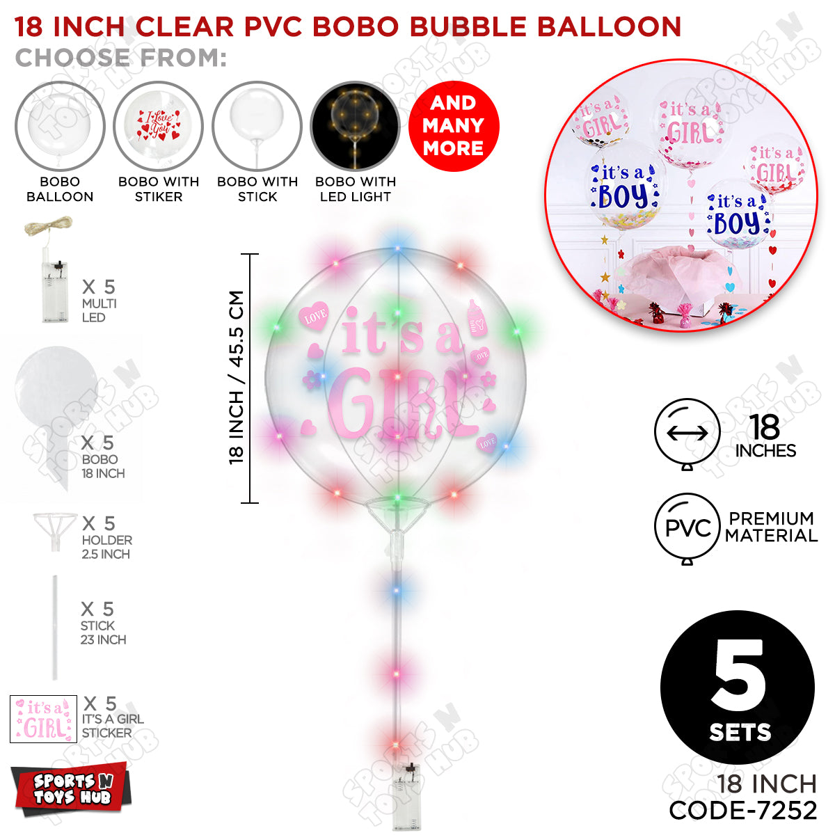 18, 24 & 36 Inch It’s a Girl Pink Bobo Bubble Balloon with Stick & LED Light – Pack of 1, 5 & 10 Baby Girl Announcement Balloon, Gender Reveal, Baby Shower Decoration, Pink Party Decor & Photo Booth