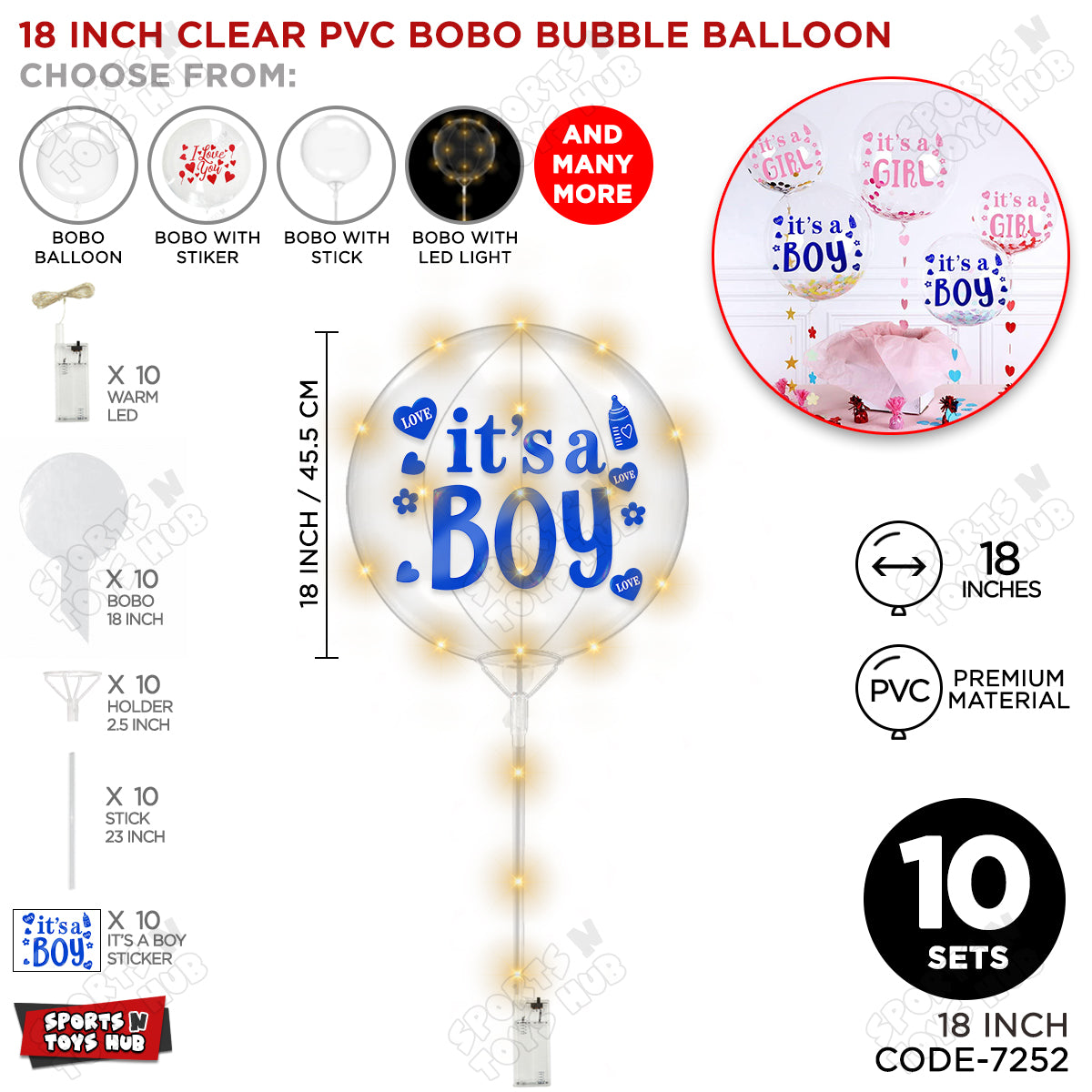 18, 24 & 36 Inch It’s a Boy Blue Bobo Bubble Balloon with Stick & LED Light – Pack of 1, 5 & 10 Baby Boy Announcement Balloon, Gender Reveal, Baby Shower Decoration, Party Decor & Photo Booth