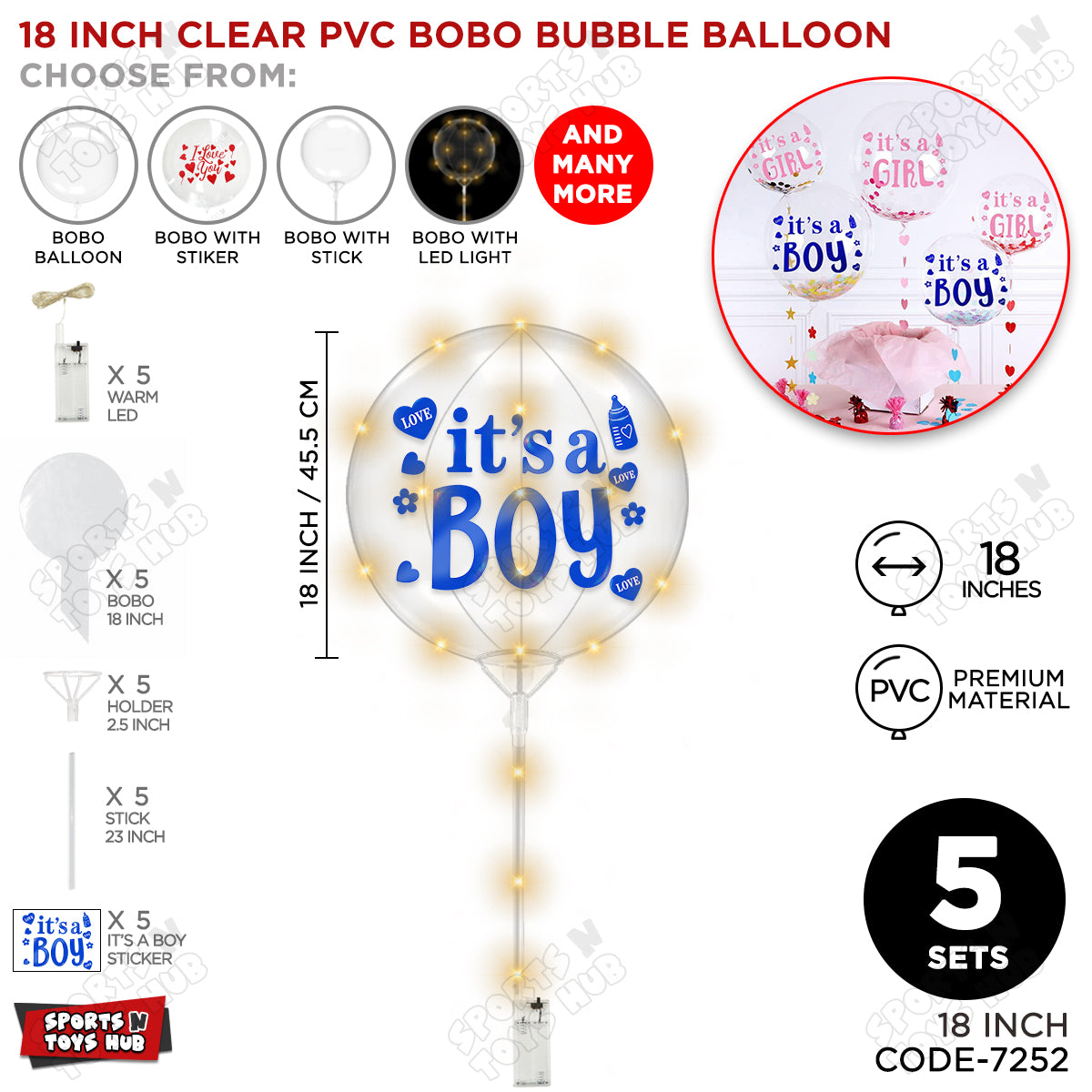 18, 24 & 36 Inch It’s a Boy Blue Bobo Bubble Balloon with Stick & LED Light – Pack of 1, 5 & 10 Baby Boy Announcement Balloon, Gender Reveal, Baby Shower Decoration, Party Decor & Photo Booth