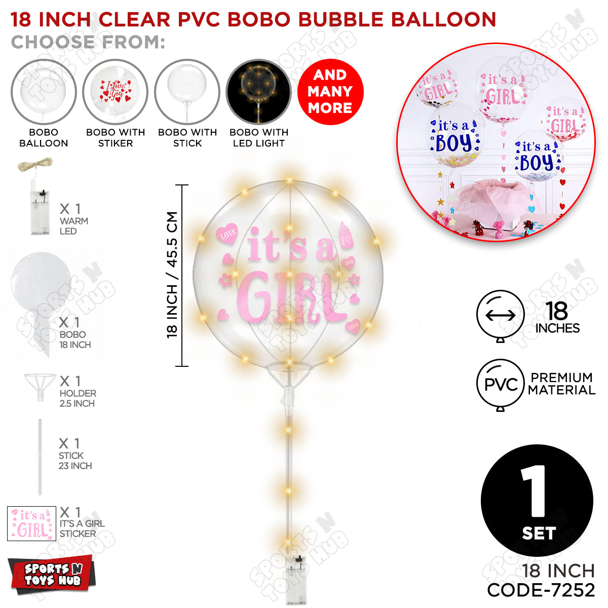 18, 24 & 36 Inch It’s a Girl Pink Bobo Bubble Balloon with Stick & LED Light – Pack of 1, 5 & 10 Baby Girl Announcement Balloon, Gender Reveal, Baby Shower Decoration, Pink Party Decor & Photo Booth