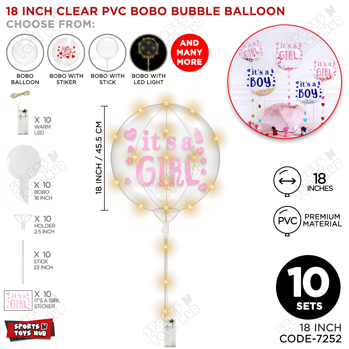 18, 24 & 36 Inch It’s a Girl Pink Bobo Bubble Balloon with Stick & LED Light – Pack of 1, 5 & 10 Baby Girl Announcement Balloon, Gender Reveal, Baby Shower Decoration, Pink Party Decor & Photo Booth