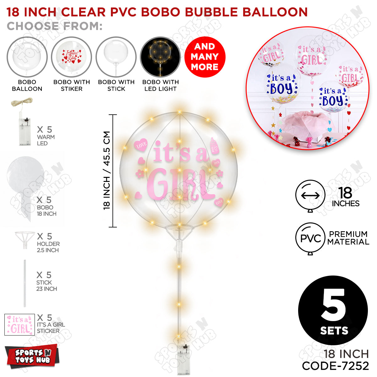 18, 24 & 36 Inch It’s a Girl Pink Bobo Bubble Balloon with Stick & LED Light – Pack of 1, 5 & 10 Baby Girl Announcement Balloon, Gender Reveal, Baby Shower Decoration, Pink Party Decor & Photo Booth