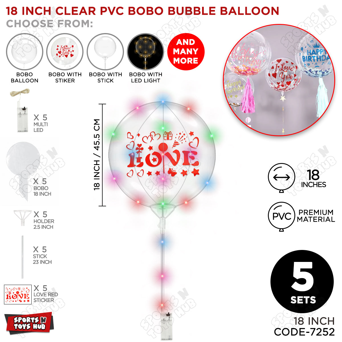 Love Red Color Sticker With BOBO Balloon Stick & LED Light
