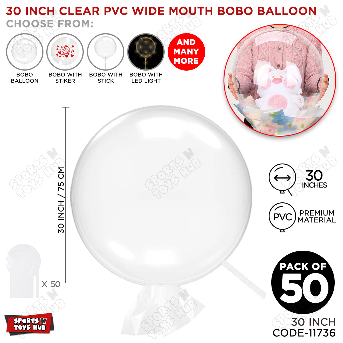 30 Inch Clear PVC BOBO Open Mouth Stuffing Balloon