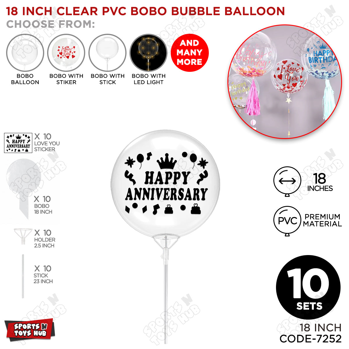Happy Anniversary Black Color Sticker With Bobo Balloon & Stick