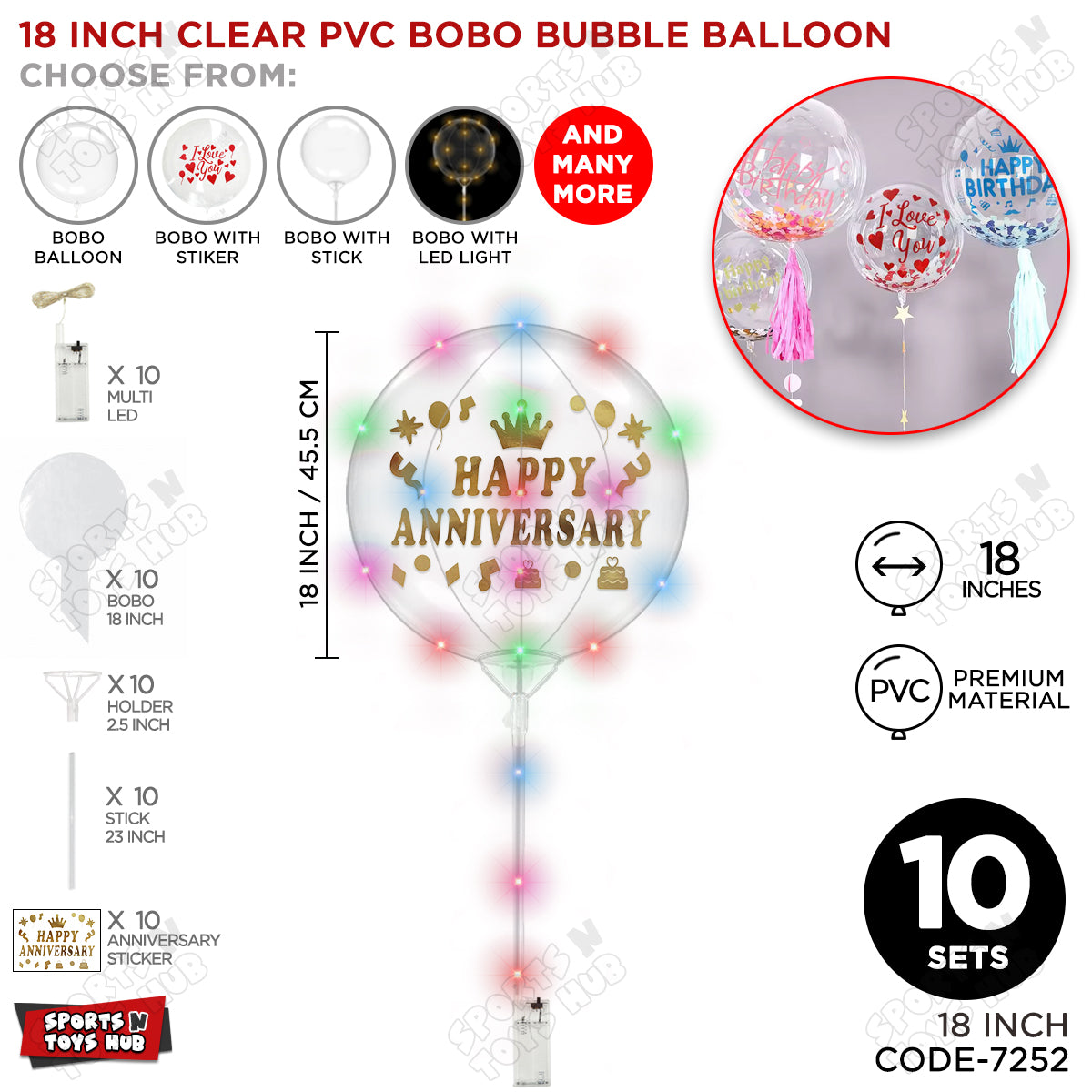 Happy Anniversary Gold Color Sticker With BOBO Balloon Stick & LED Light