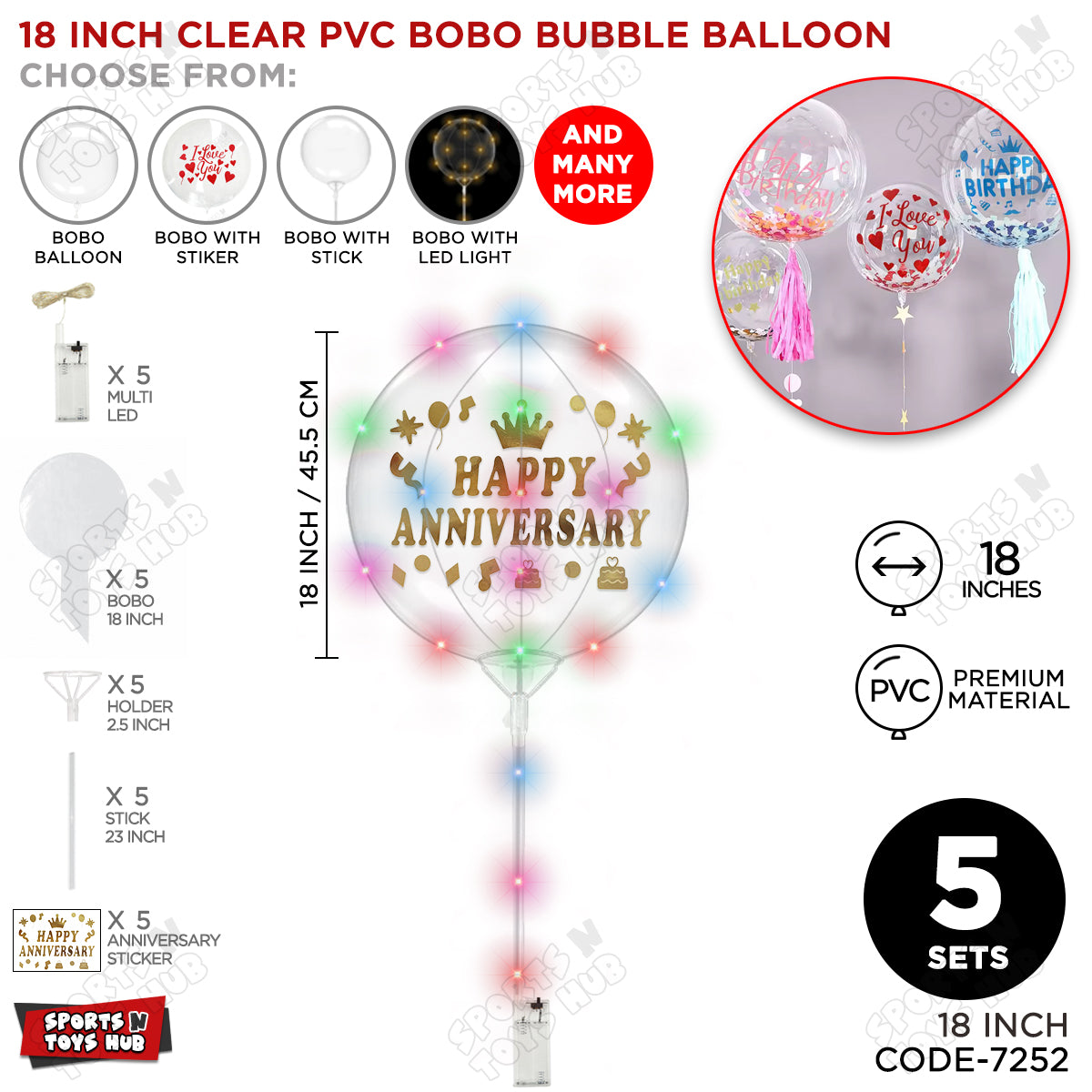 Happy Anniversary Gold Color Sticker With BOBO Balloon Stick & LED Light