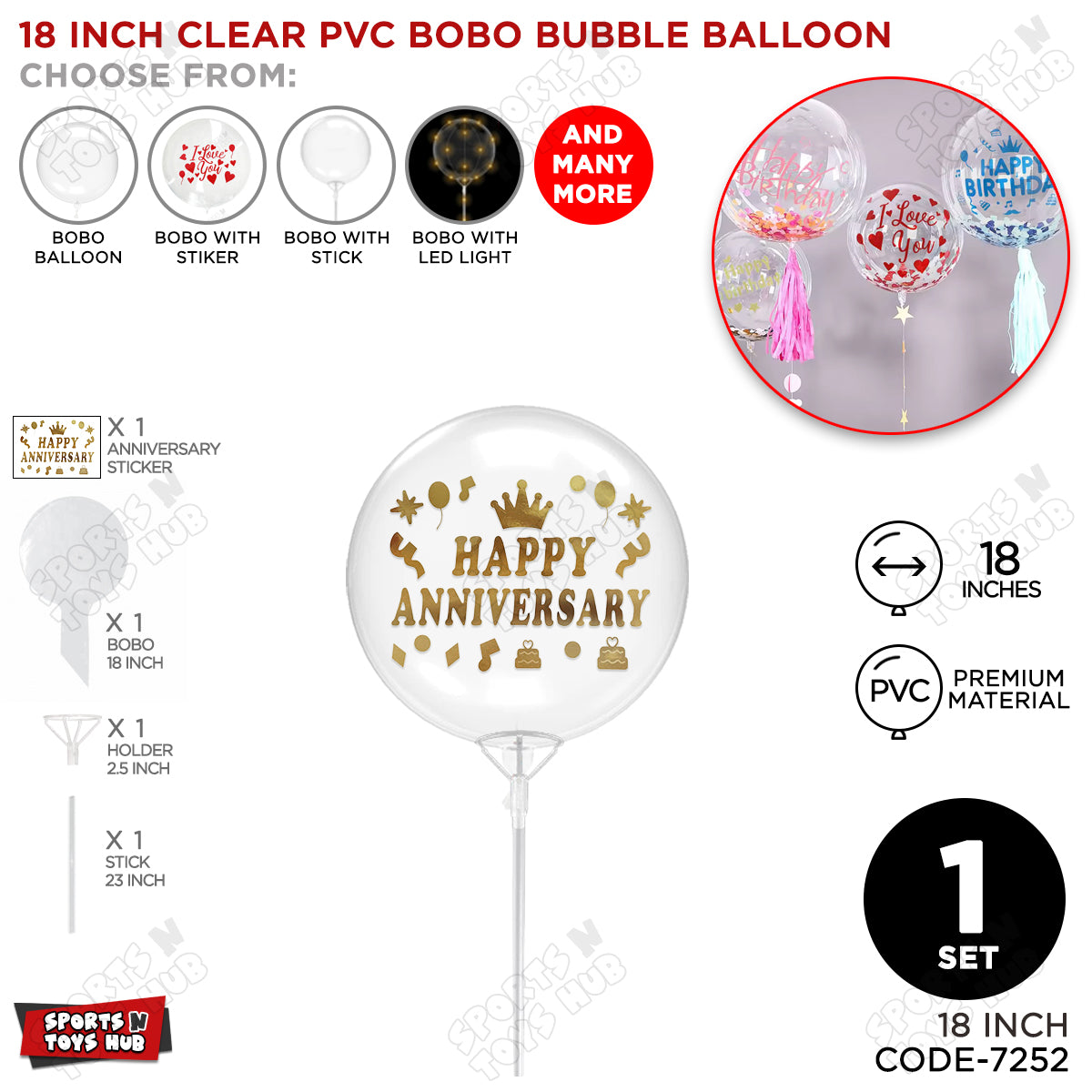 Happy Anniversary Gold Color Sticker With Bobo Balloon & Stick