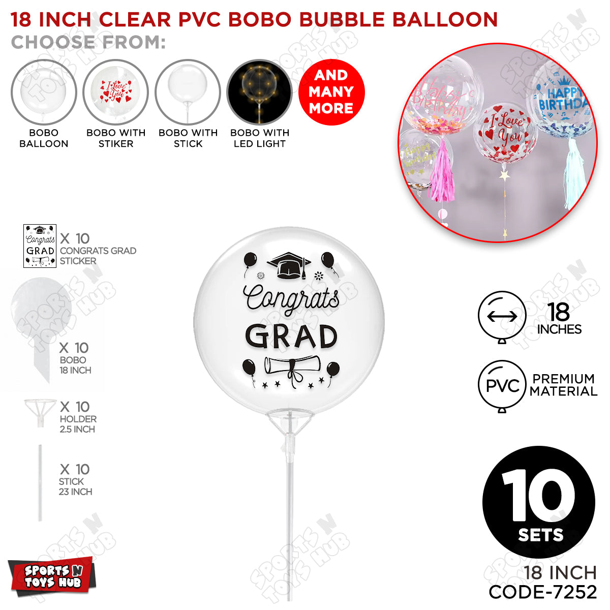 Congrats Grad Black Color Sticker With Bobo Balloon & Stick