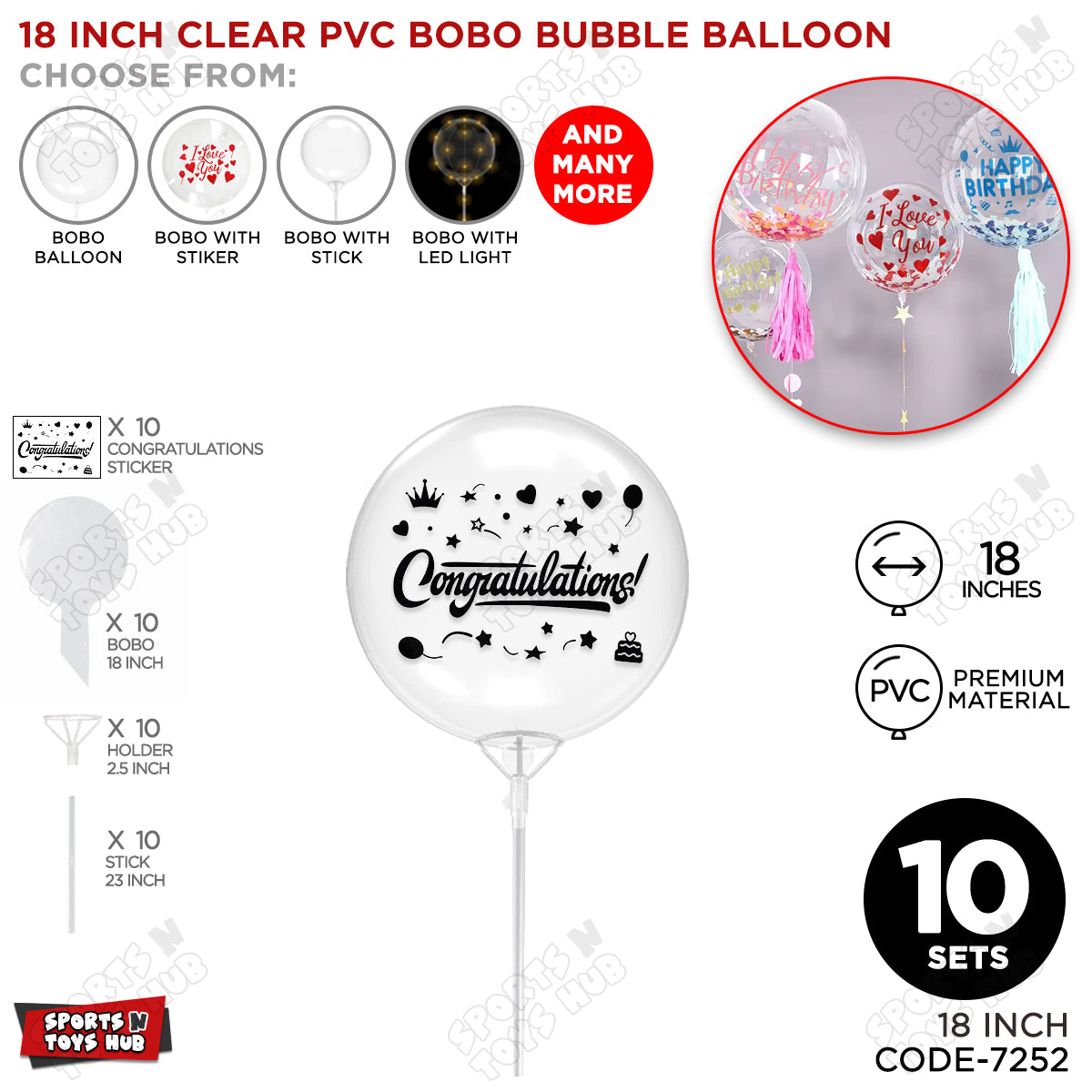 Congratulations Black Color Sticker With Bobo Balloon & Stick