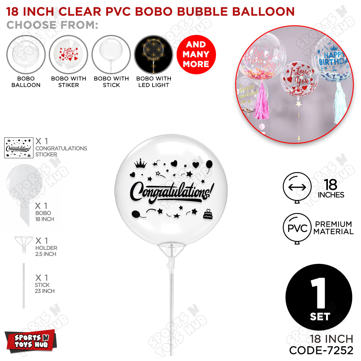 Congratulations Black Color Sticker With Bobo Balloon & Stick