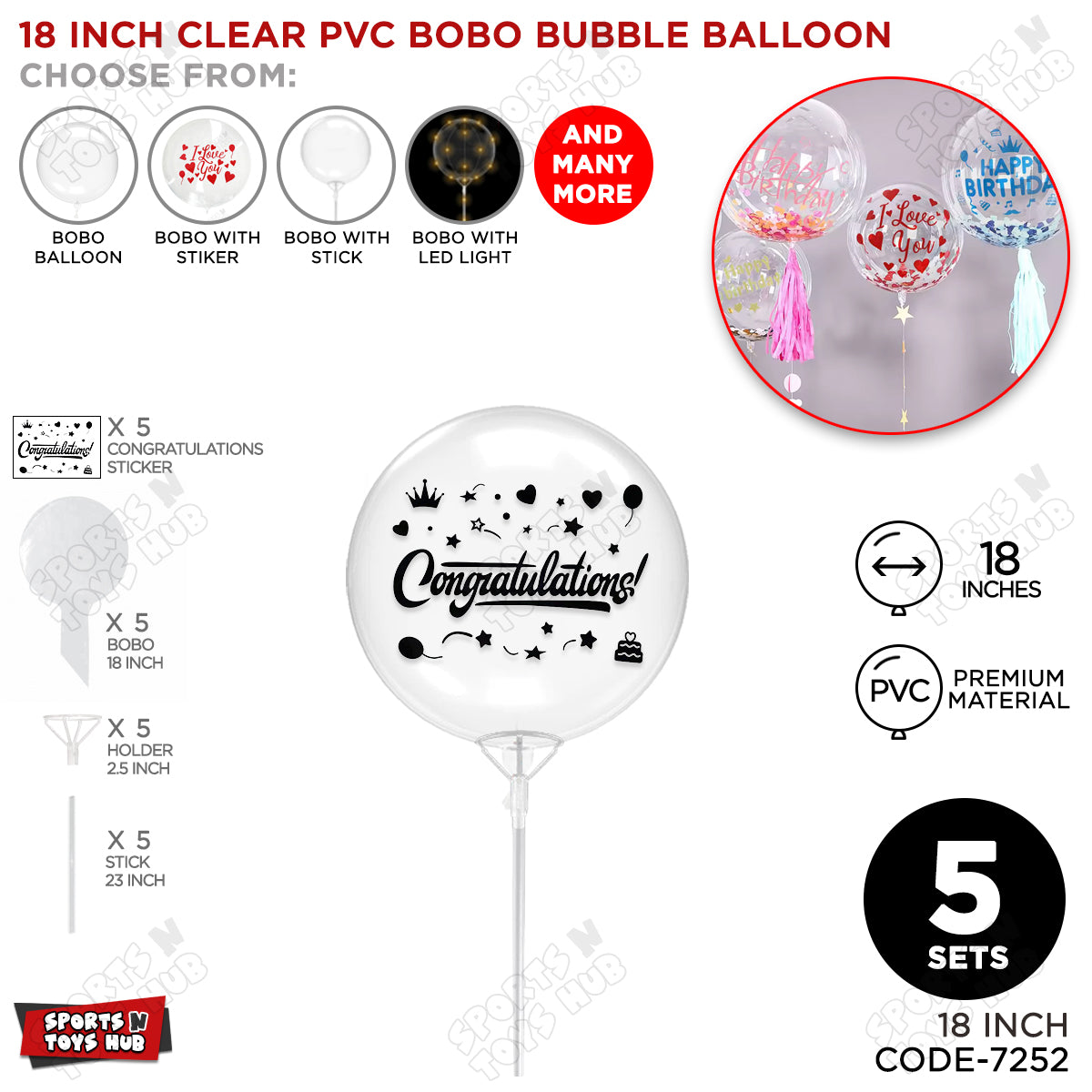 Congratulations Black Color Sticker With Bobo Balloon & Stick