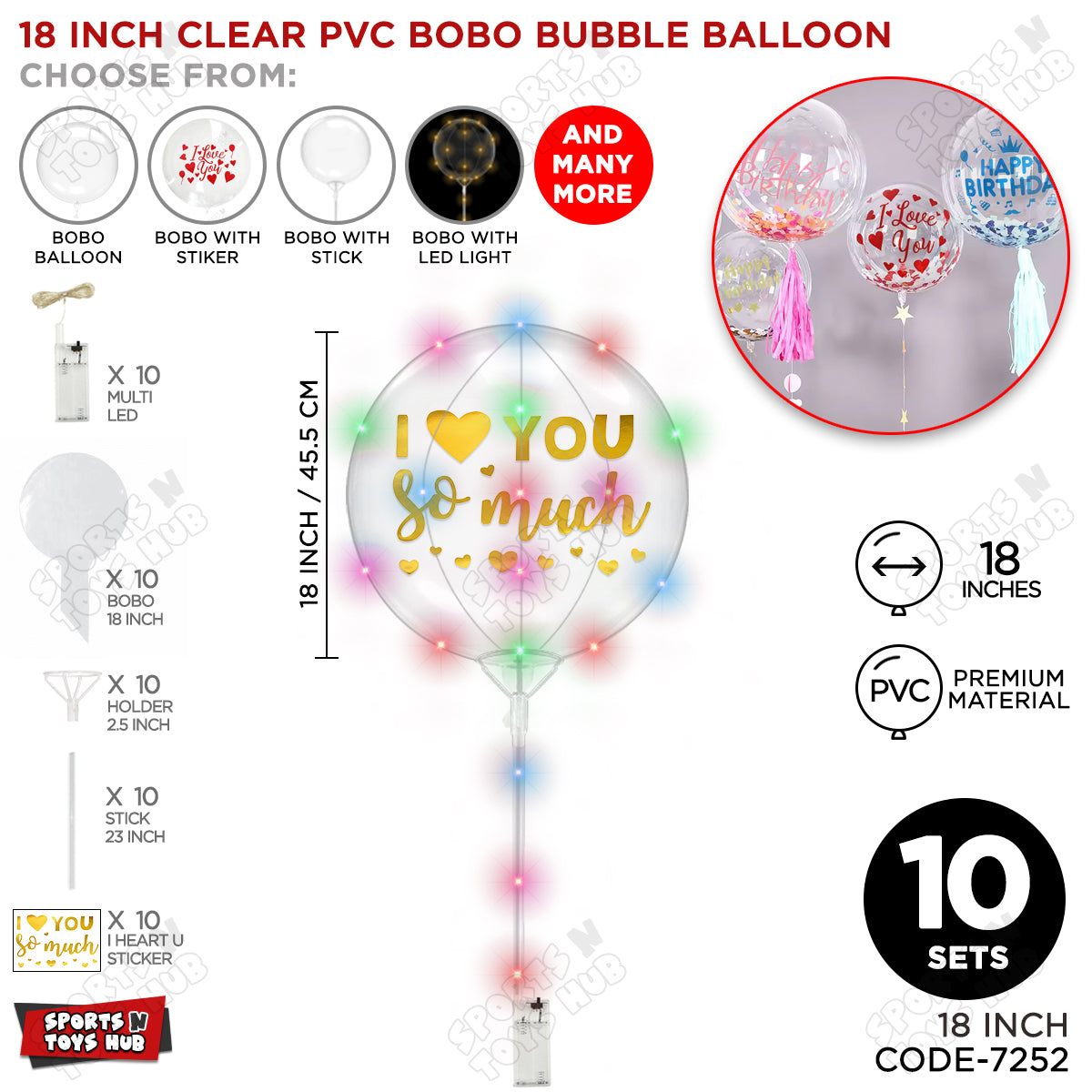 I Love You So Much Gold Color Sticker With BOBO Balloon Stick & LED Light