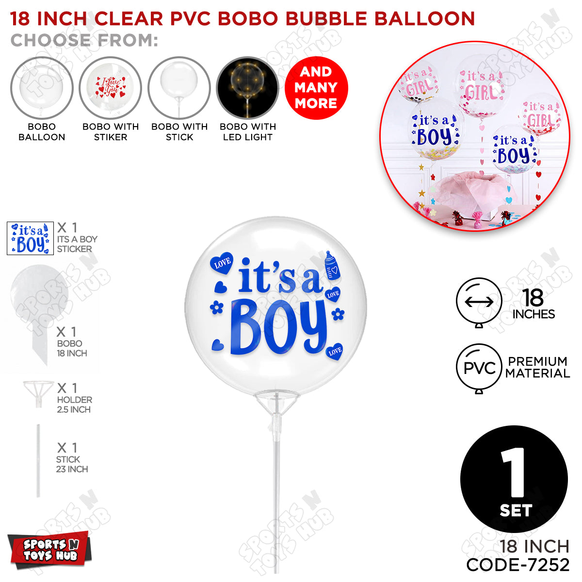 18, 24 & 36 Inch Clear PVC Bobo Bubble Balloons With Stick – Pack of 1, 5 & 10, Transparent Balloon with It’s a Boy Sticker, Baby Shower, Gender Reveal, Baby Boy Announcement & Party Decoration