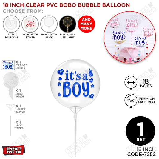 18, 24 & 36 Inch Clear PVC Bobo Bubble Balloons With Stick – Pack of 1, 5 & 10, Transparent Balloon with It’s a Boy Sticker, Baby Shower, Gender Reveal, Baby Boy Announcement & Party Decoration