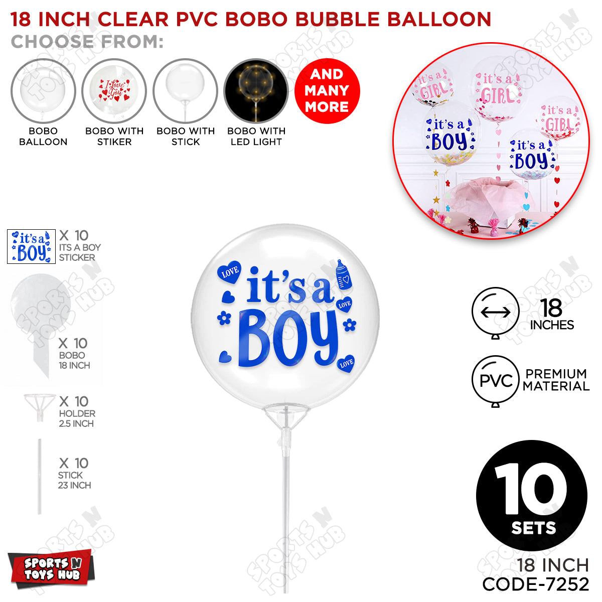 18, 24 & 36 Inch Clear PVC Bobo Bubble Balloons With Stick – Pack of 1, 5 & 10, Transparent Balloon with It’s a Boy Sticker, Baby Shower, Gender Reveal, Baby Boy Announcement & Party Decoration