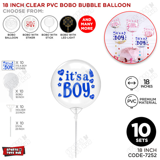 18, 24 & 36 Inch Clear PVC Bobo Bubble Balloons With Stick – Pack of 1, 5 & 10, Transparent Balloon with It’s a Boy Sticker, Baby Shower, Gender Reveal, Baby Boy Announcement & Party Decoration