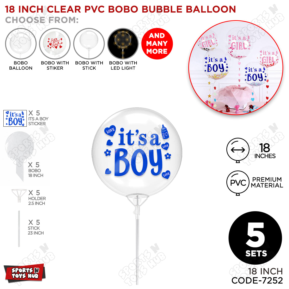 18, 24 & 36 Inch Clear PVC Bobo Bubble Balloons With Stick – Pack of 1, 5 & 10, Transparent Balloon with It’s a Boy Sticker, Baby Shower, Gender Reveal, Baby Boy Announcement & Party Decoration