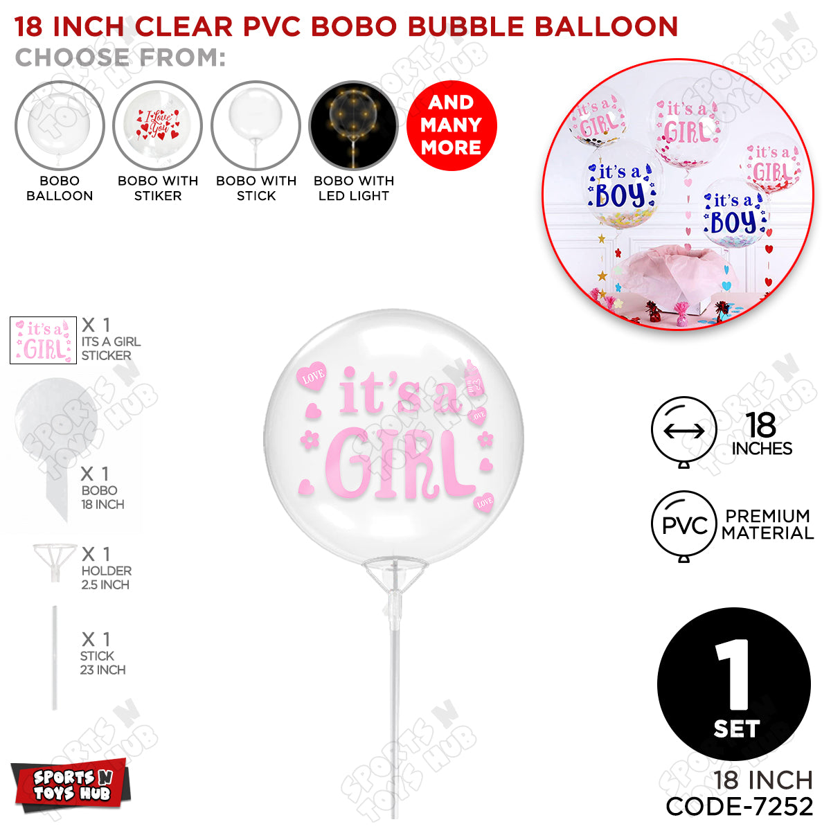 18, 24 & 36 Inch It’s a Girl Bobo Bubble Balloons with Stick – Pack of 1, 5 & 10 Clear Pink Baby Girl Announcement Balloon, Gender Reveal, Baby Shower & Party Decor