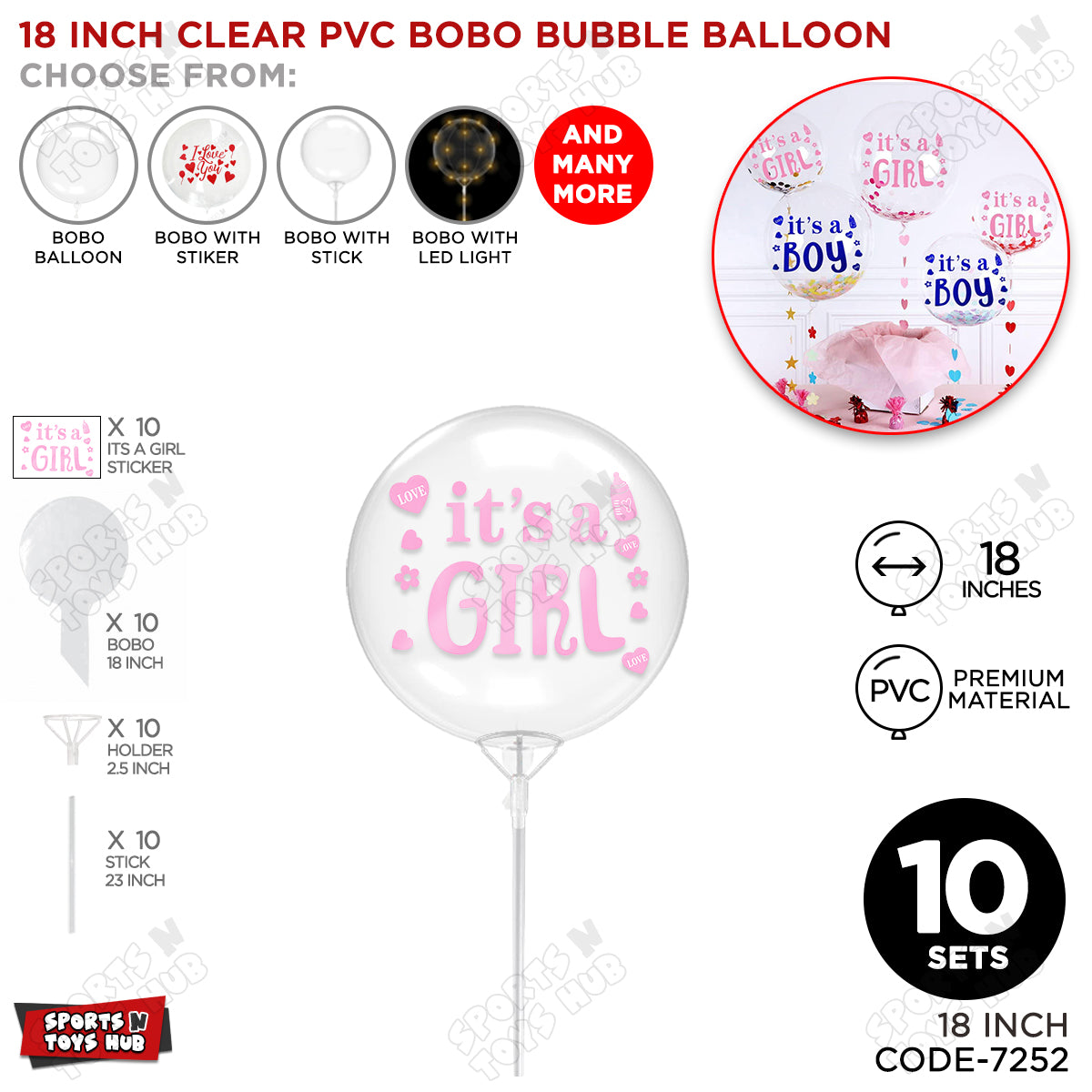 18, 24 & 36 Inch It’s a Girl Bobo Bubble Balloons with Stick – Pack of 1, 5 & 10 Clear Pink Baby Girl Announcement Balloon, Gender Reveal, Baby Shower & Party Decor