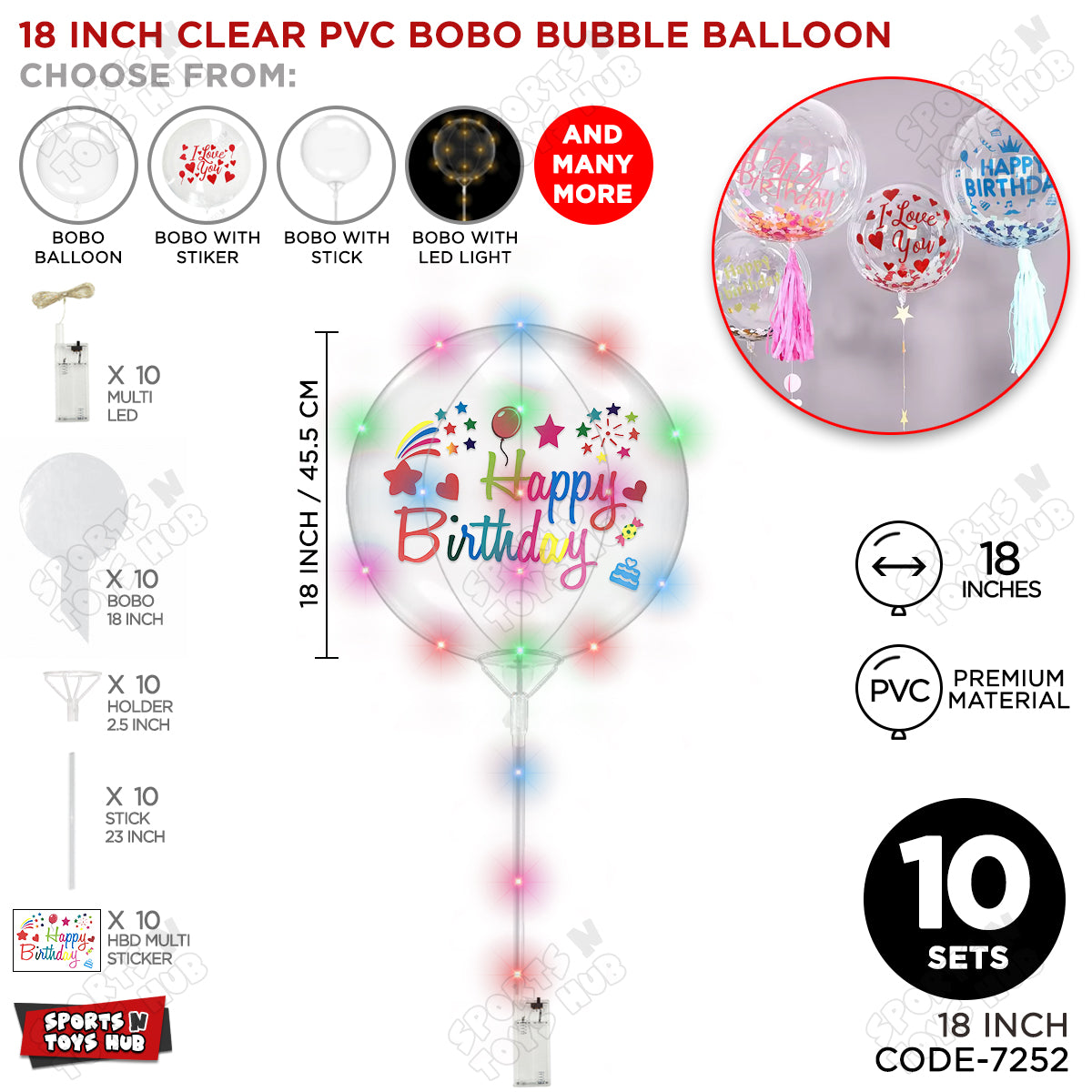 Happy Birthday Multi Color Sticker With BOBO Balloon Stick & LED Light