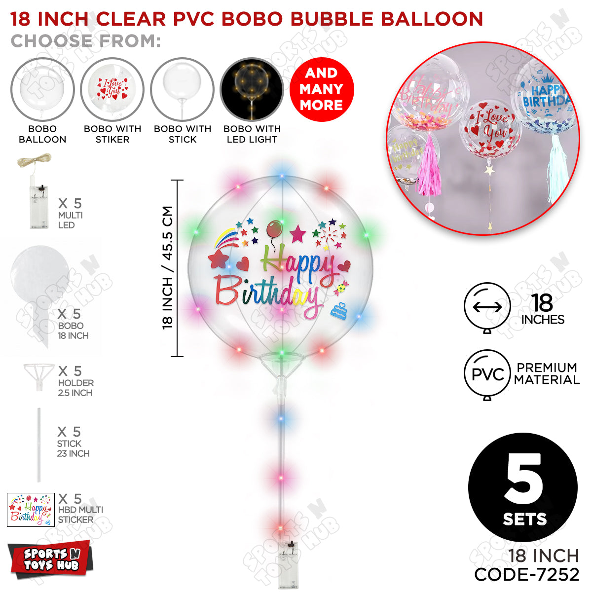 Happy Birthday Multi Color Sticker With BOBO Balloon Stick & LED Light