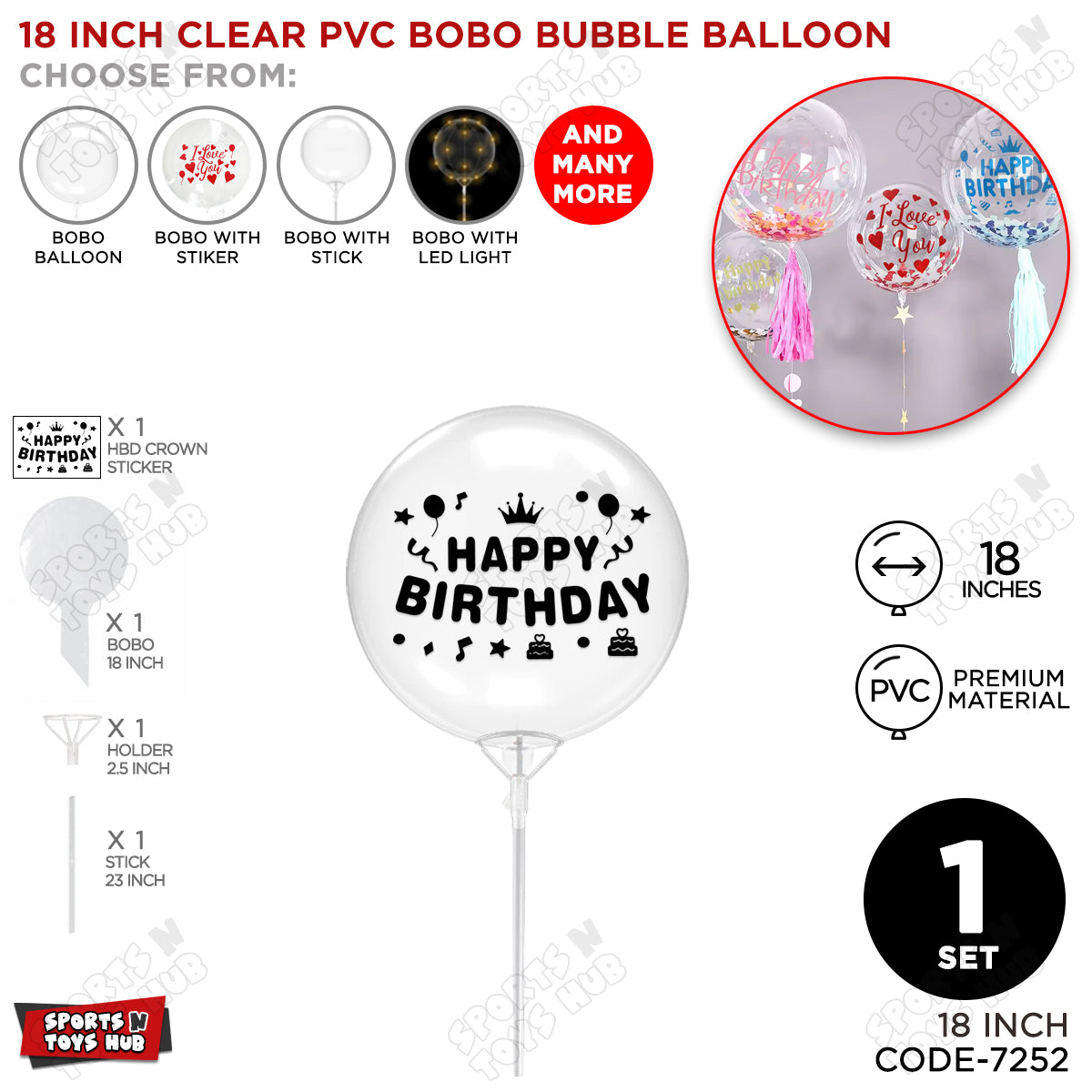 Happy Birthday Black Color Sticker With Bobo Balloon & Stick