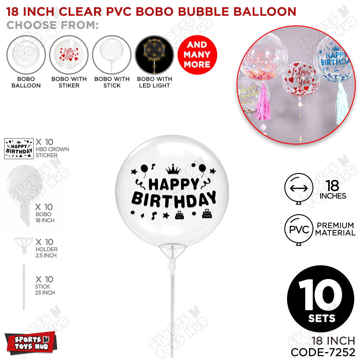 Happy Birthday Black Color Sticker With Bobo Balloon & Stick