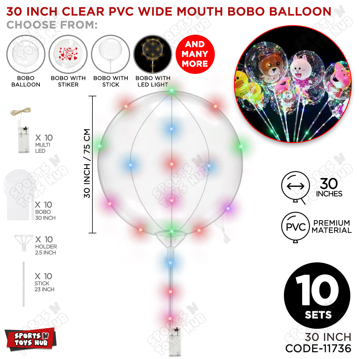 30 Inch Clear PVC BOBO Wide Mouth Stuffing Balloon With Stick & LED Light