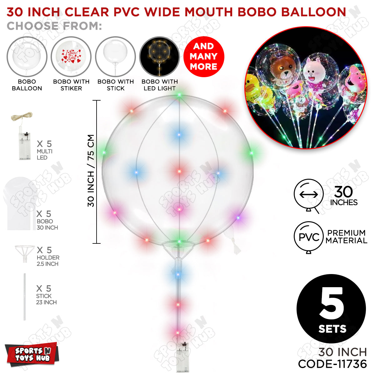 30 Inch Clear PVC BOBO Wide Mouth Stuffing Balloon With Stick & LED Light