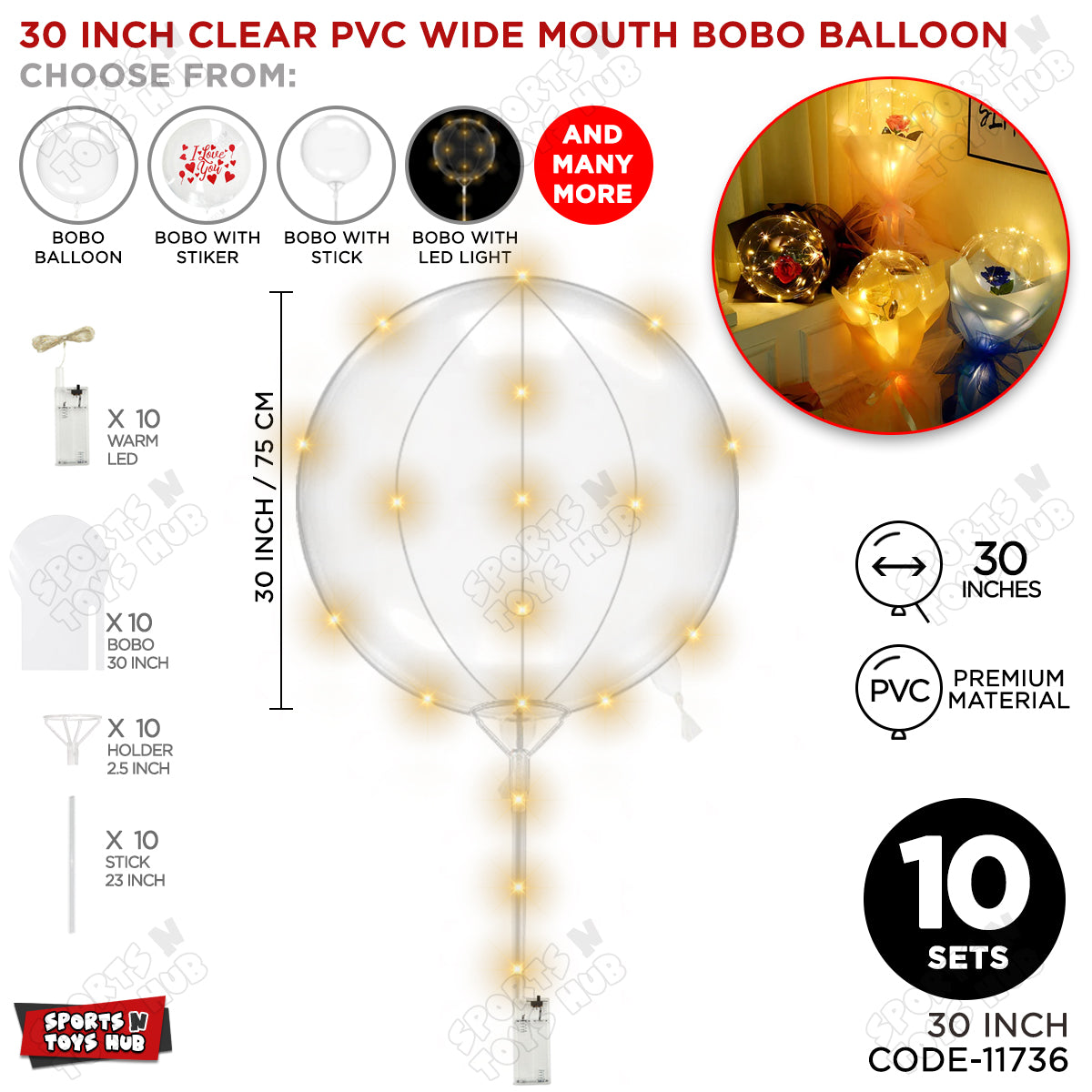 30 Inch Clear PVC BOBO Wide Mouth Stuffing Balloon With Stick & LED Light