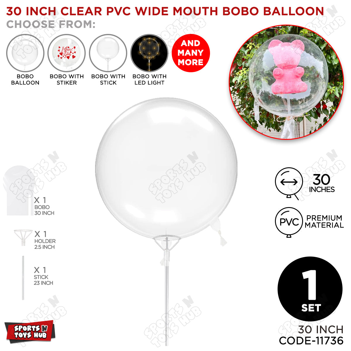 30 Inch Clear PVC BOBO Wide Mouth Stuffing Balloon With Stick
